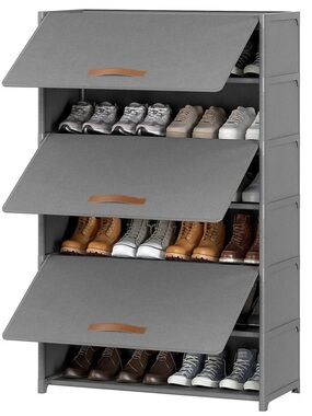 Gray 4-Tier Fabric Shoe Cabinet with Flip Doors shoe rack